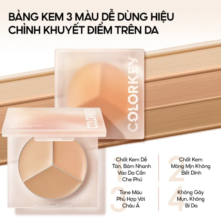 Bảng Kem Che Khuyết Điểm COLORKEY 3 Màu Chất Kem Mỏng Mịn Che Phủ Tự Nhiên 3.9g